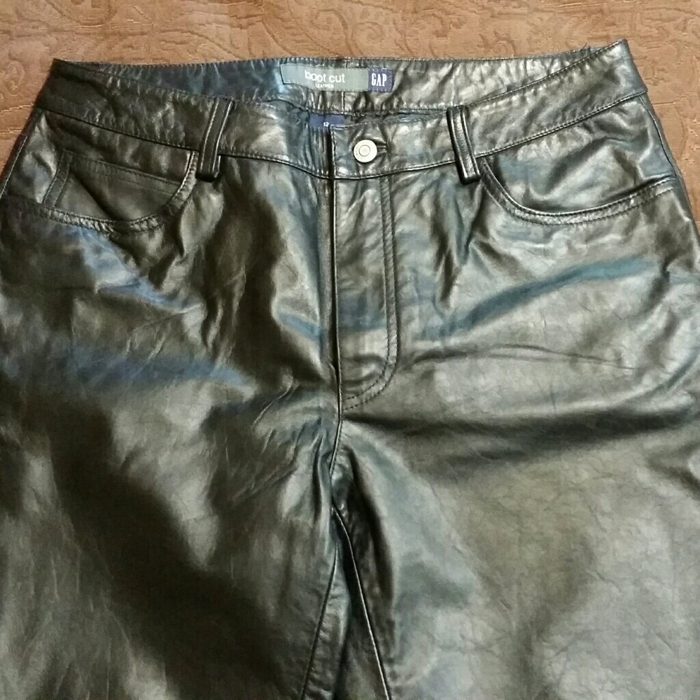 Black leather 5 pocket pants.