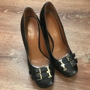 Nine West Double Buckle Black Chunky Heels