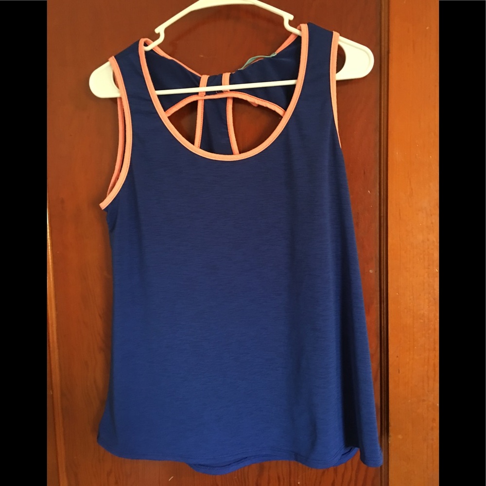 Blue blouse with coral trim