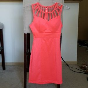 Neon Coral Caged-Neck Bodycon Dress