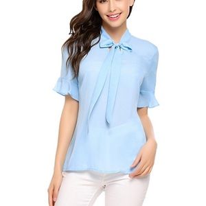 Bow Tie V-Neck Blouse Top Ruffle Bell Sleeve Shirt