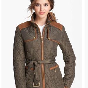 Vince Camuto Quilted Patch Belted Riding Jacket
