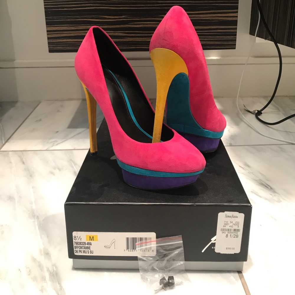 Hot B Brian Atwood multi color suede heels