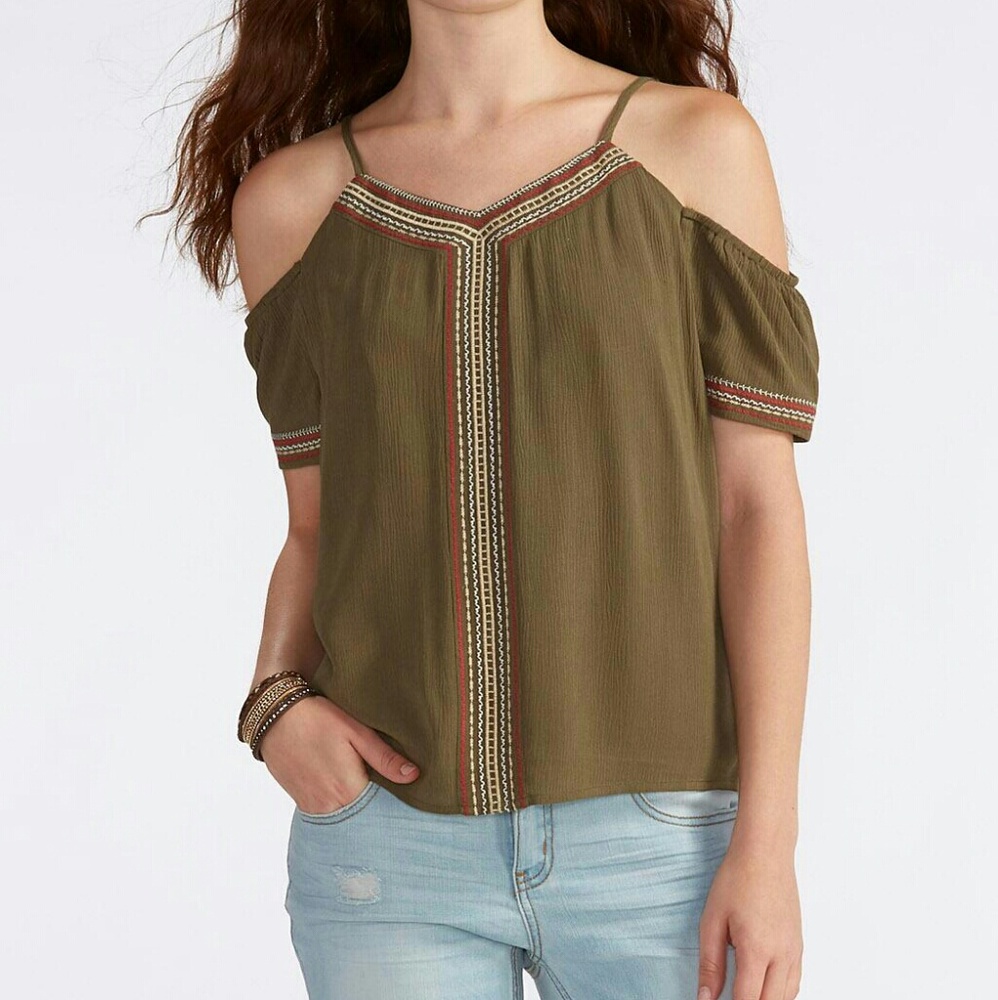 Embroidered Gauze Cold Shoulder Top