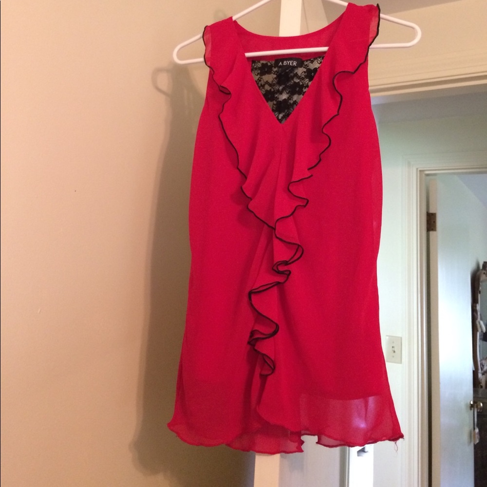 Red blouse with black lace detail