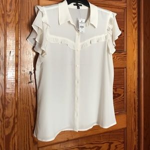 NWT EXPRESS Ivory Ruffle Yoke Short Sleeve Shirt
