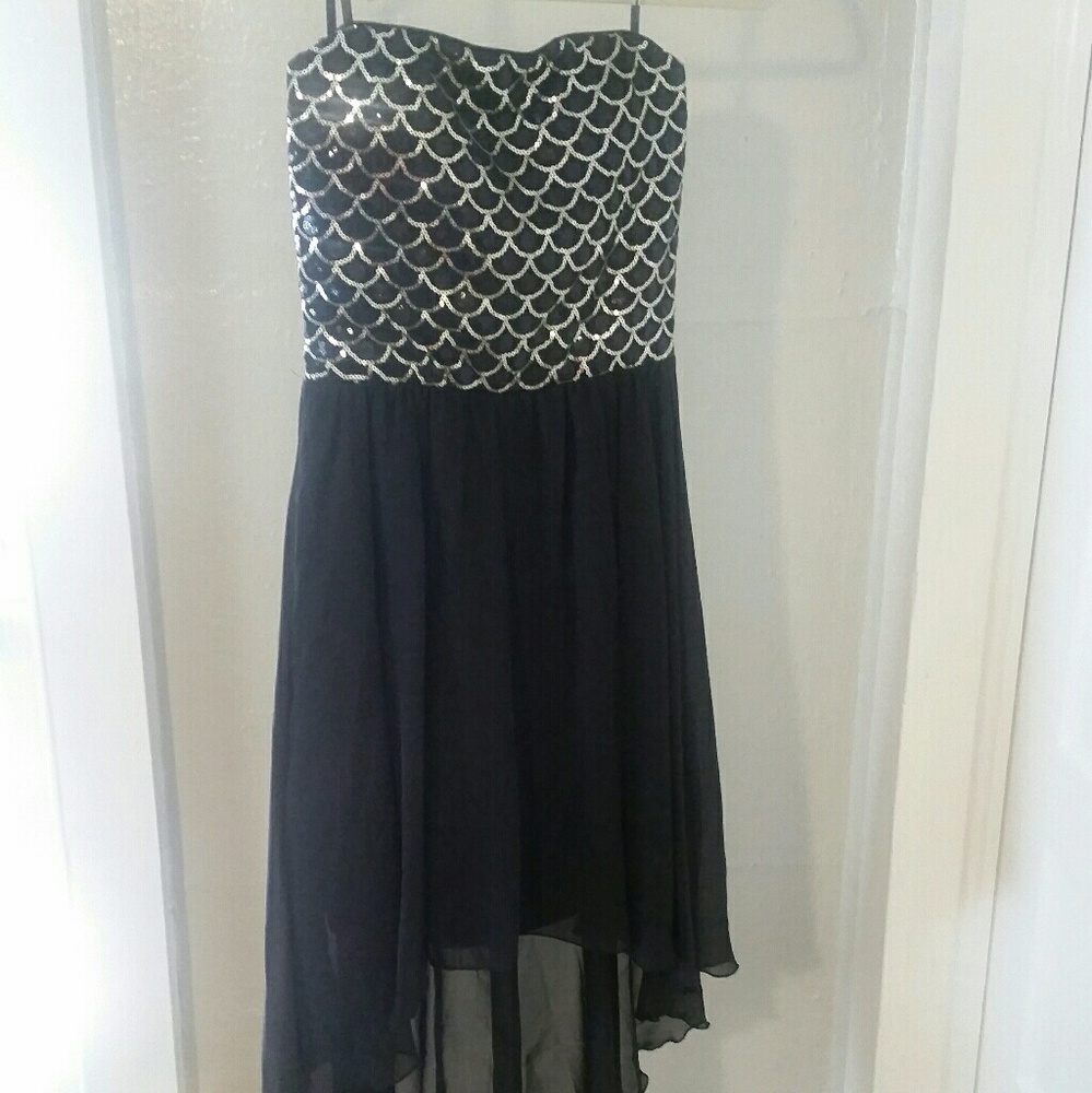 Black Sequined Hi Low Strapless Semi Formal Dress