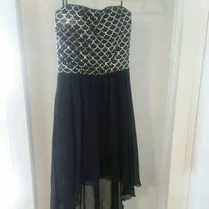 Black Sequined Hi Low Strapless Semi Formal Dress