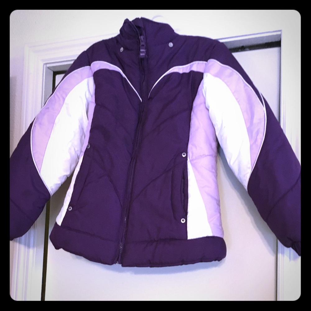 Girls' ski jacket, purple and silver. Size 7/8.