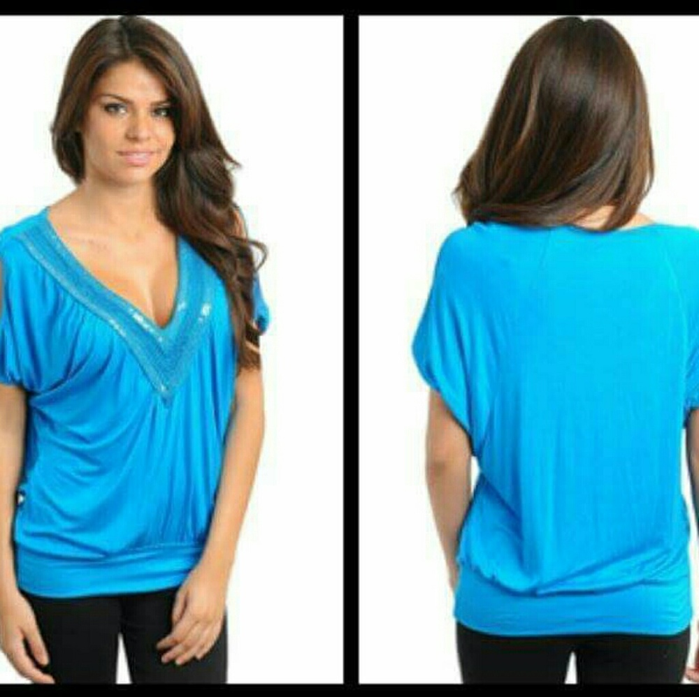 New Junior's Cute Blue Glitzy open shoulder top