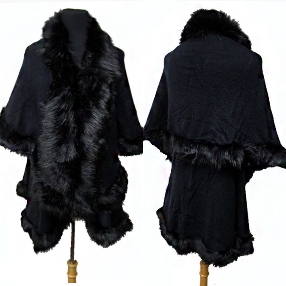 ELEGANT Black Faux Fur Double Layer CAPE Coat - Picture 2 of 9