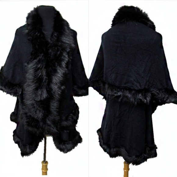 ELEGANT Black Faux Fur Double Layer CAPE Coat - Picture 2 of 9