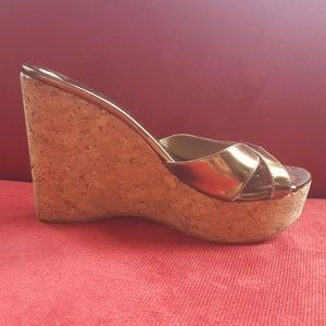 {jimmy choo} 💕 Gold Cork Bottom Wedge Sandals {jimmy choo} 💕 Gold Cork Bottom Wedge Sandals