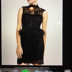 Alice and Olivia black lace feather peplum dress