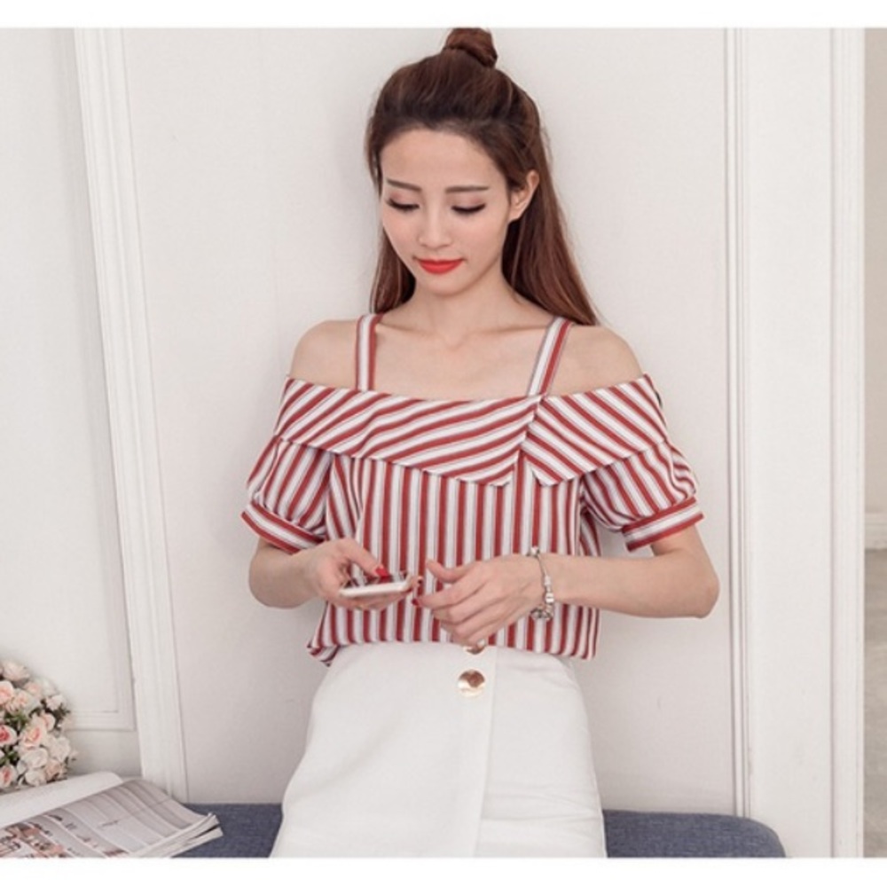 Red White Pinstripe Cold Shoulder Top