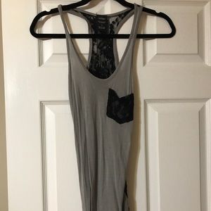 Gray and black tank top with lace back/ pocket