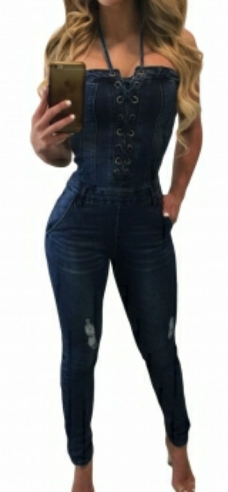 Deep blue lace up front halter denim jumpsuit