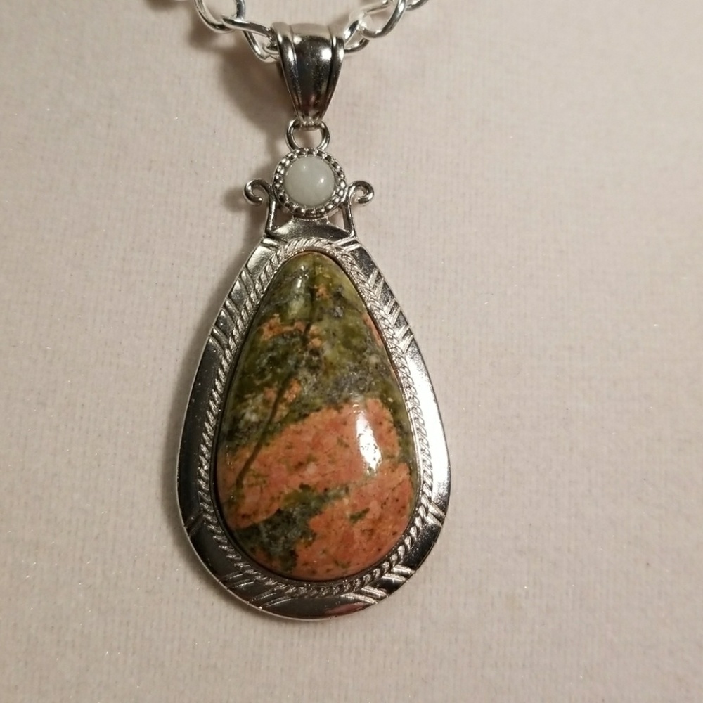 Teardrop Shape Unakite Pendant with Chain