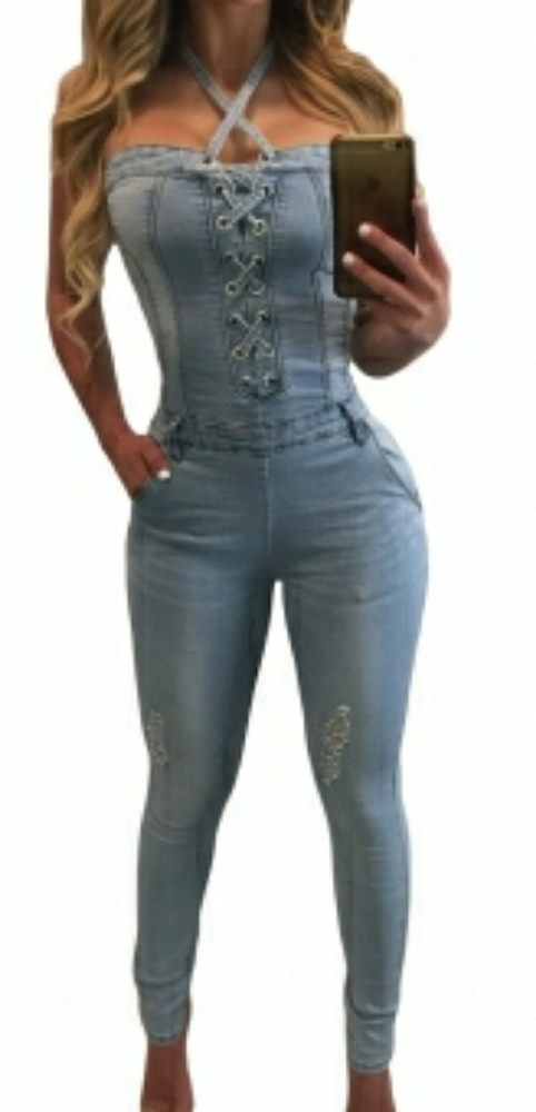 Light blue lace up front halter denim jumpsuit