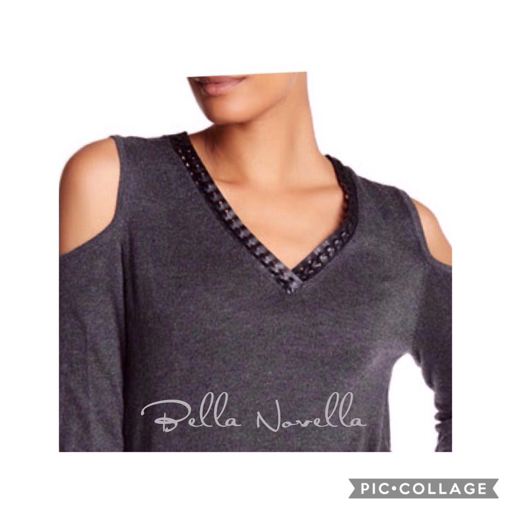 🔴 Faux Leather Trim Cold Shoulder Sweater GRAY - Picture 2 of 4
