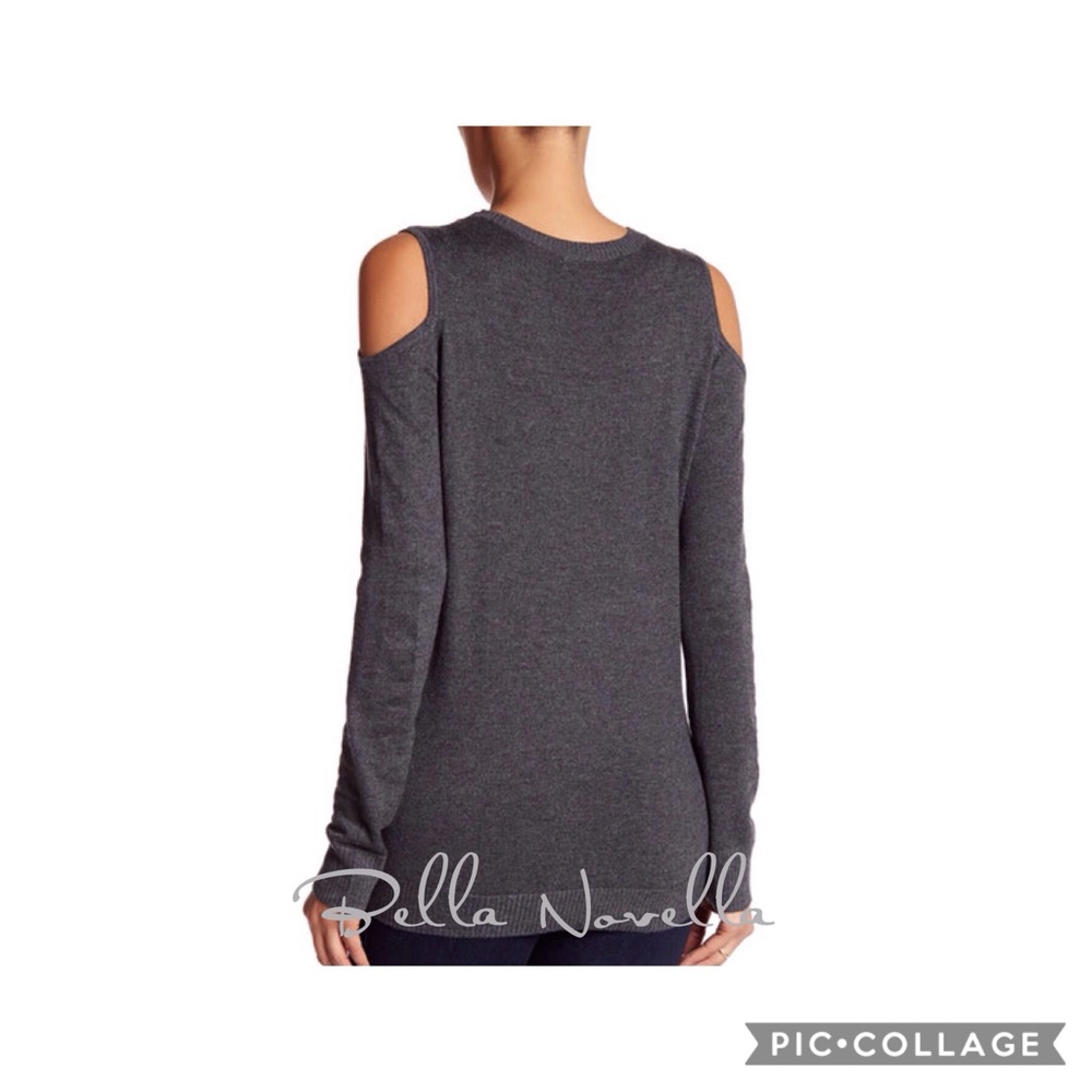 🔴 Faux Leather Trim Cold Shoulder Sweater GRAY - Picture 3 of 4