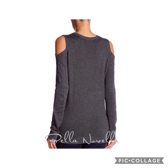 🔴 Faux Leather Trim Cold Shoulder Sweater GRAY - Picture 3 of 4