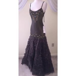 Brand new brown beaded and ruffled Sue Wong dress