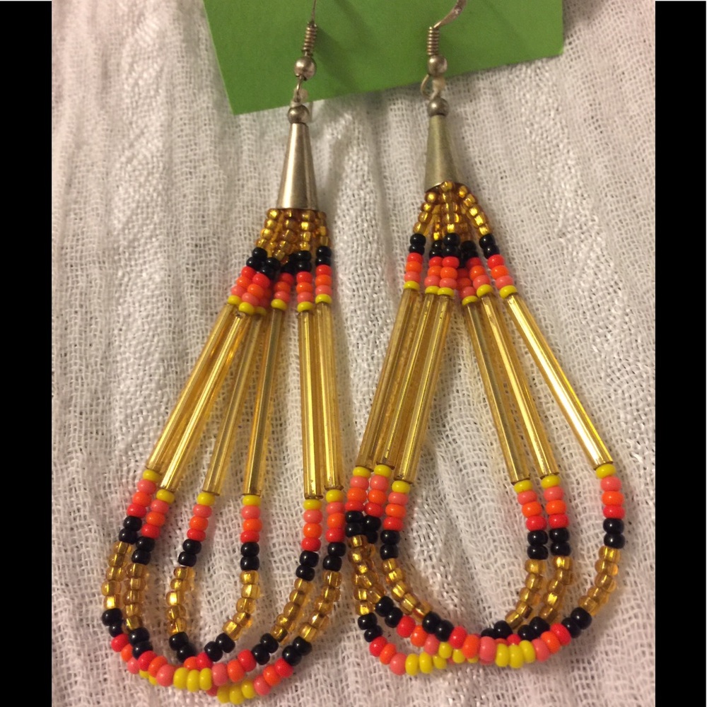 Dangling Long Earrings Colorful Beaded 3-3/8” Long.  Halloween Earrings
