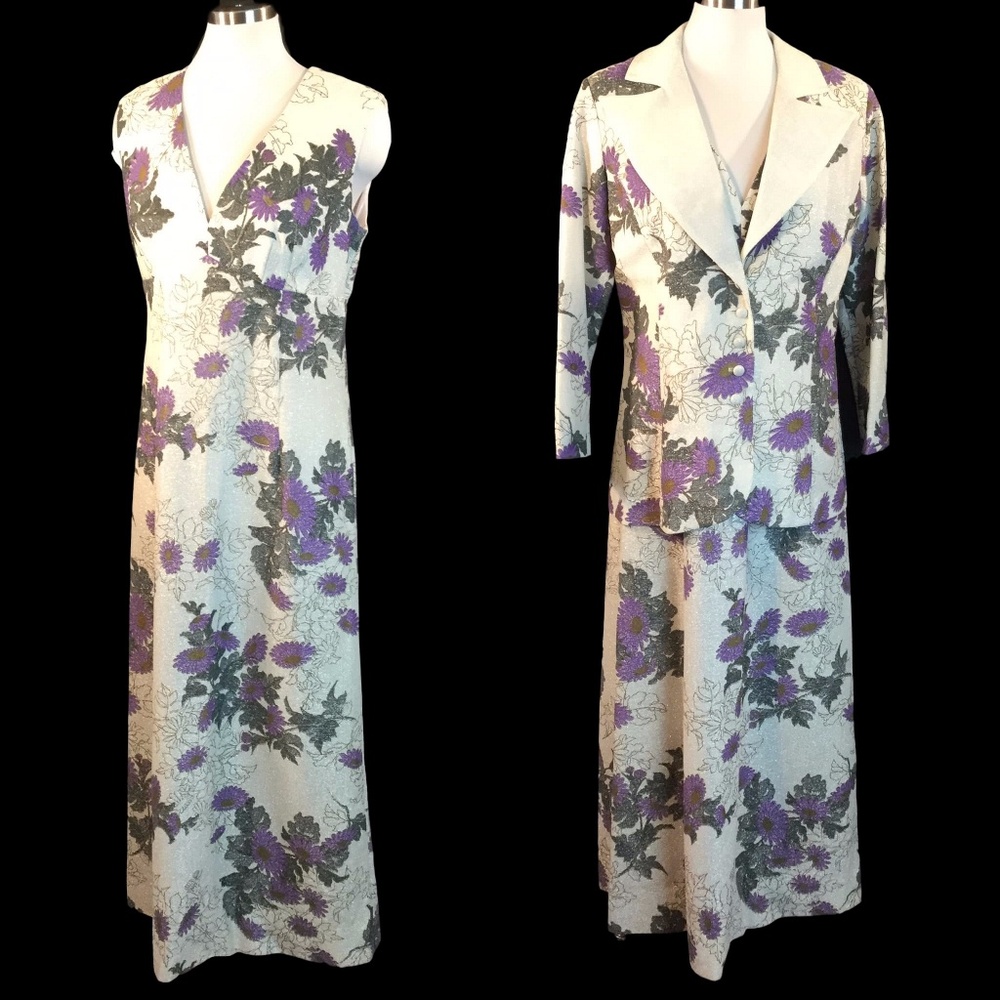Alfred Shaheen Silver Purple LUREX Floral Maxi Dress Jacket Ensemble Suit
