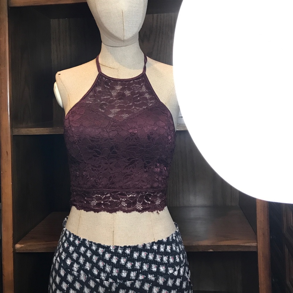 Cute maroon, lace halter crop top NWOT