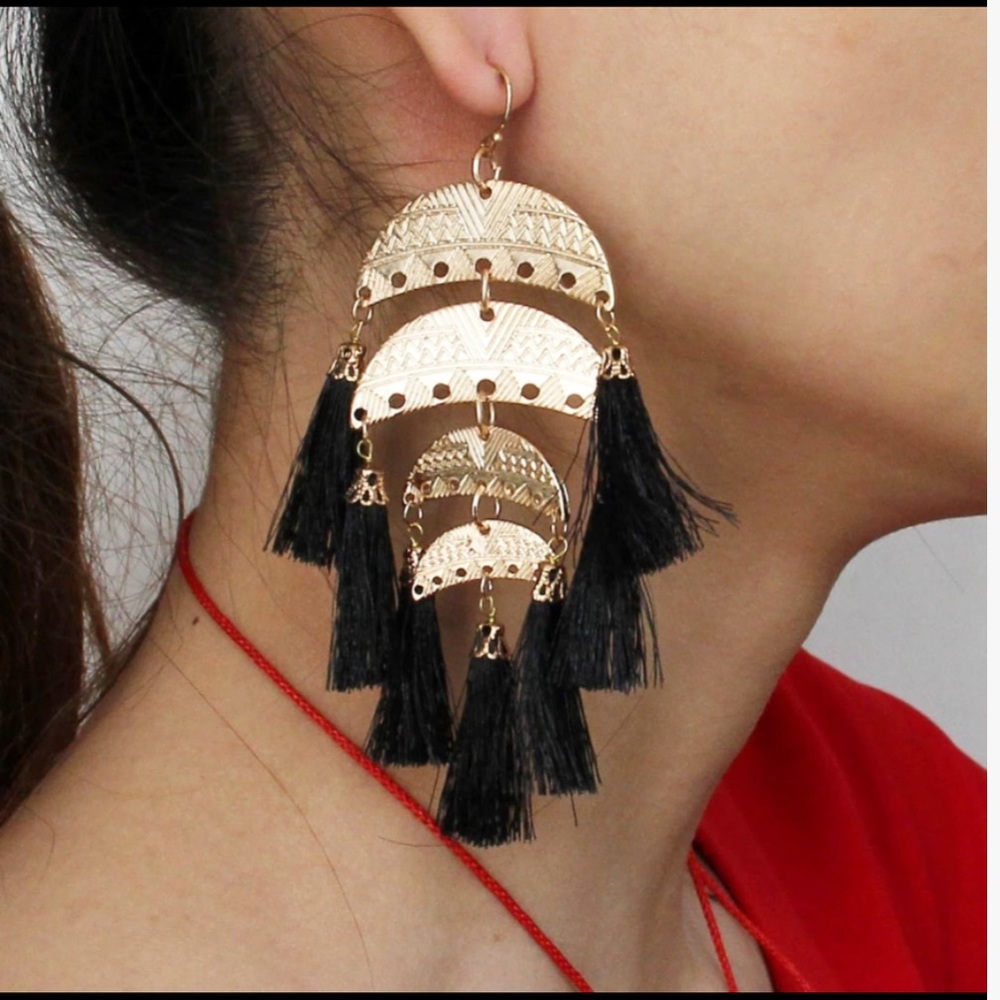 Gold plated multi layers tassel earrings
