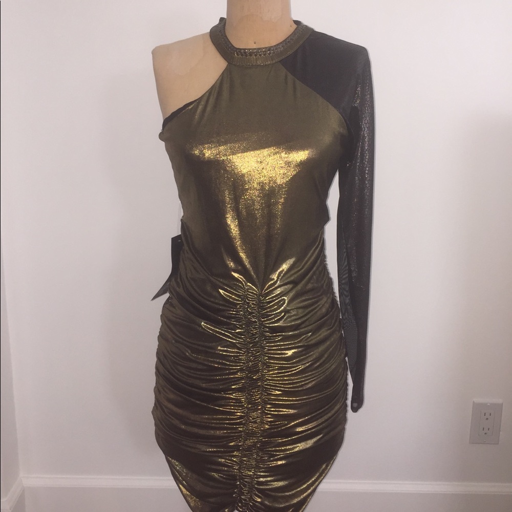 BEBE Urban Jungle Foil One Shoulder Dress