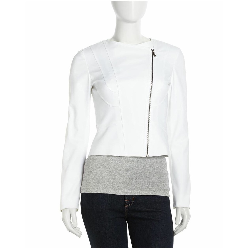 TAHARI ASYMMETRIC-ZIP TWILL JACKET, WHITE