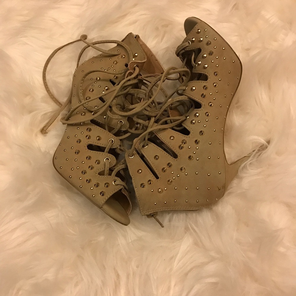 Tan studded lace up heels