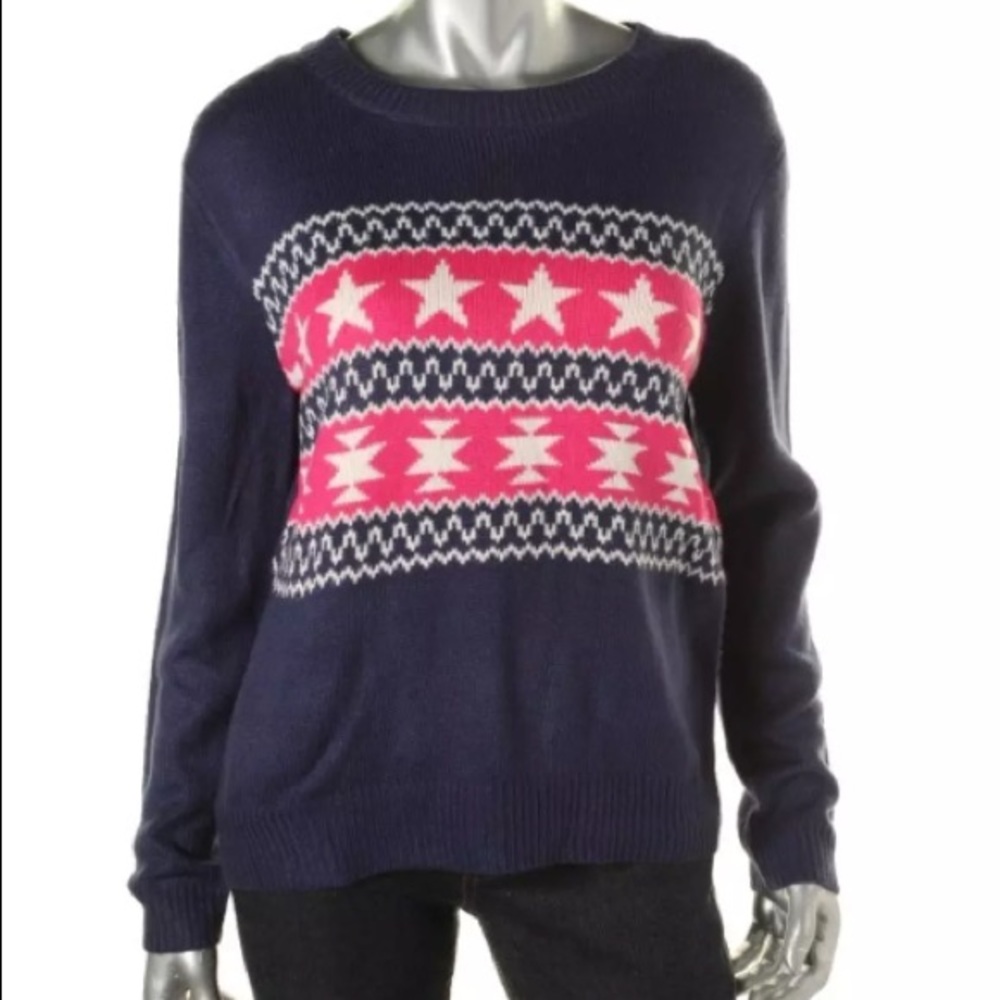 NWT CONFESS SOUTHWEST STAR BLUE PINK WHITE FAIR ISLE SWEATER SZ L
