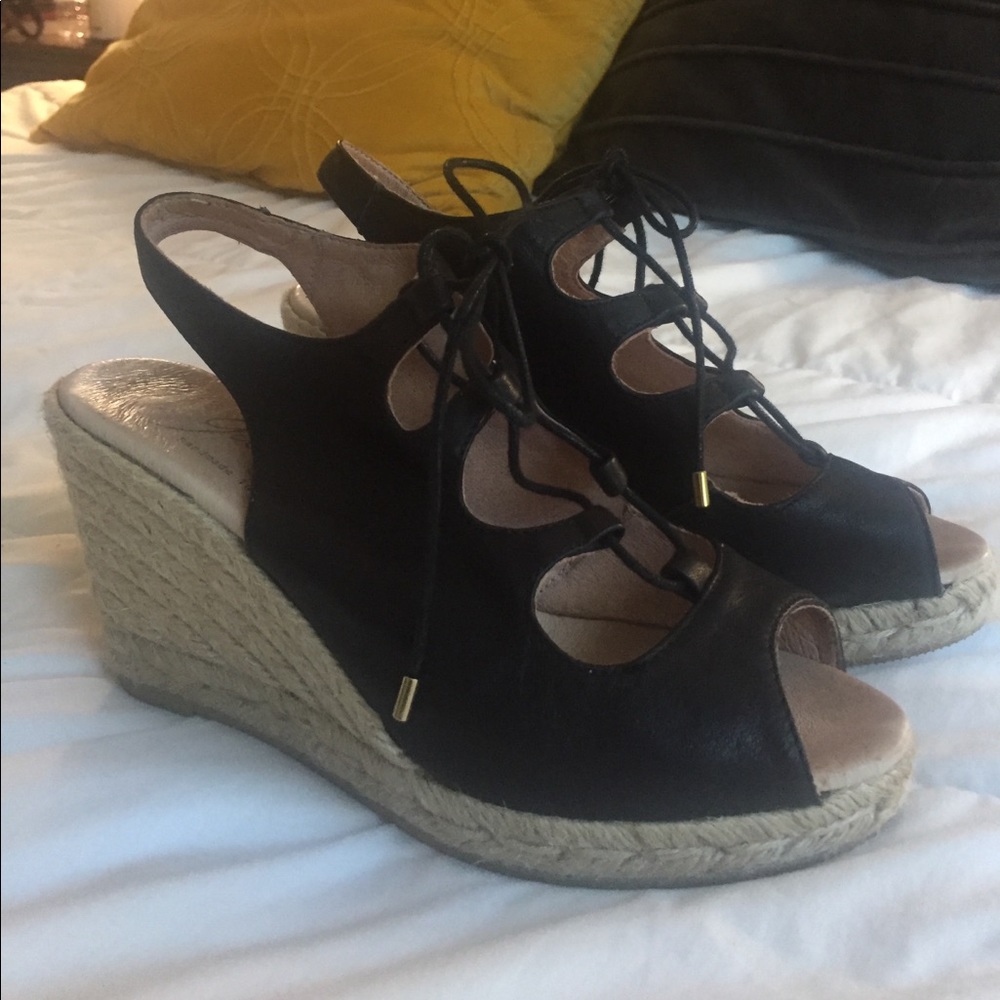 Leather lace up black espadrille wedges platform