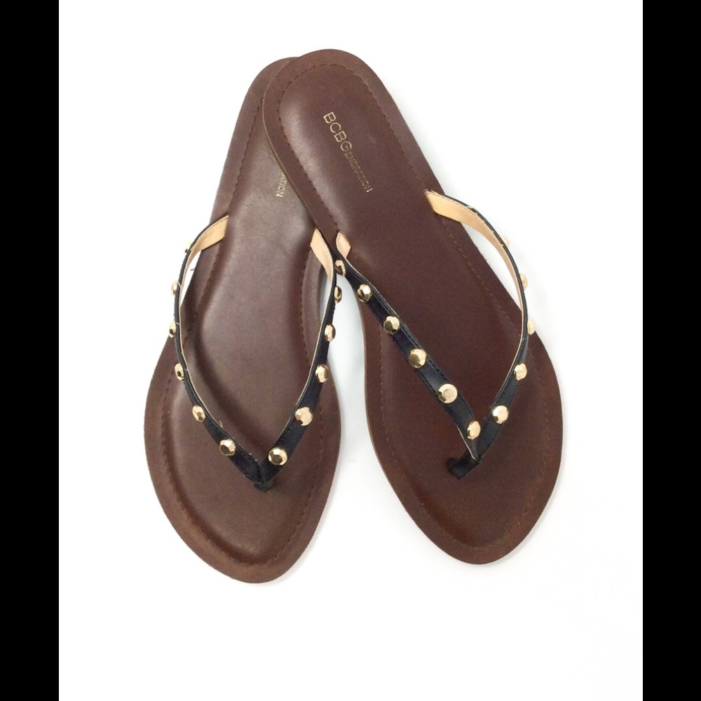 BCBGeneration Black Strap Thong w/ Gold Tone Studs