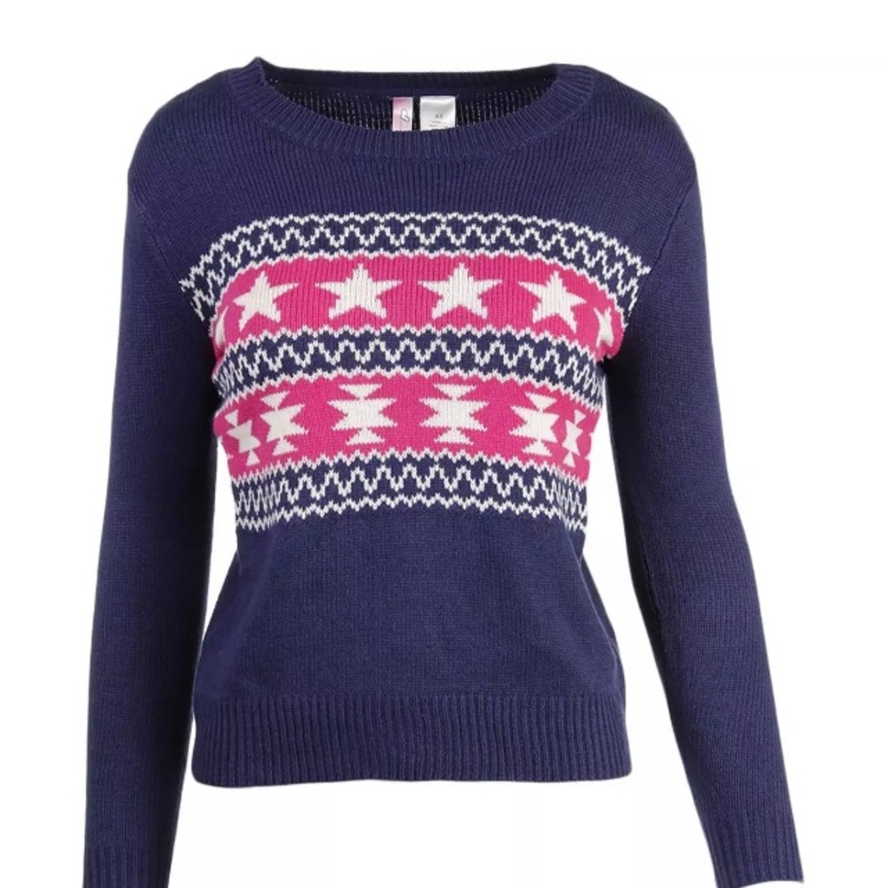 NWT CONFESS SOUTHWEST STAR BLUE PINK WHITE FAIR ISLE SWEATER SZ S