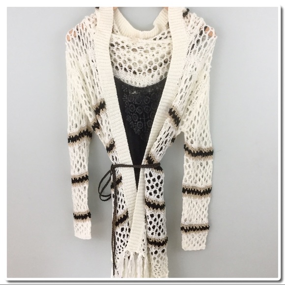 Woven knit stripe tunic cardigan with Fringe - Picture 2 of 4