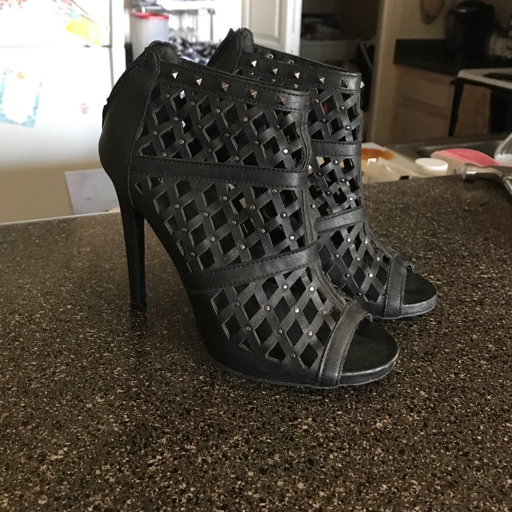 Black caged bootie heels