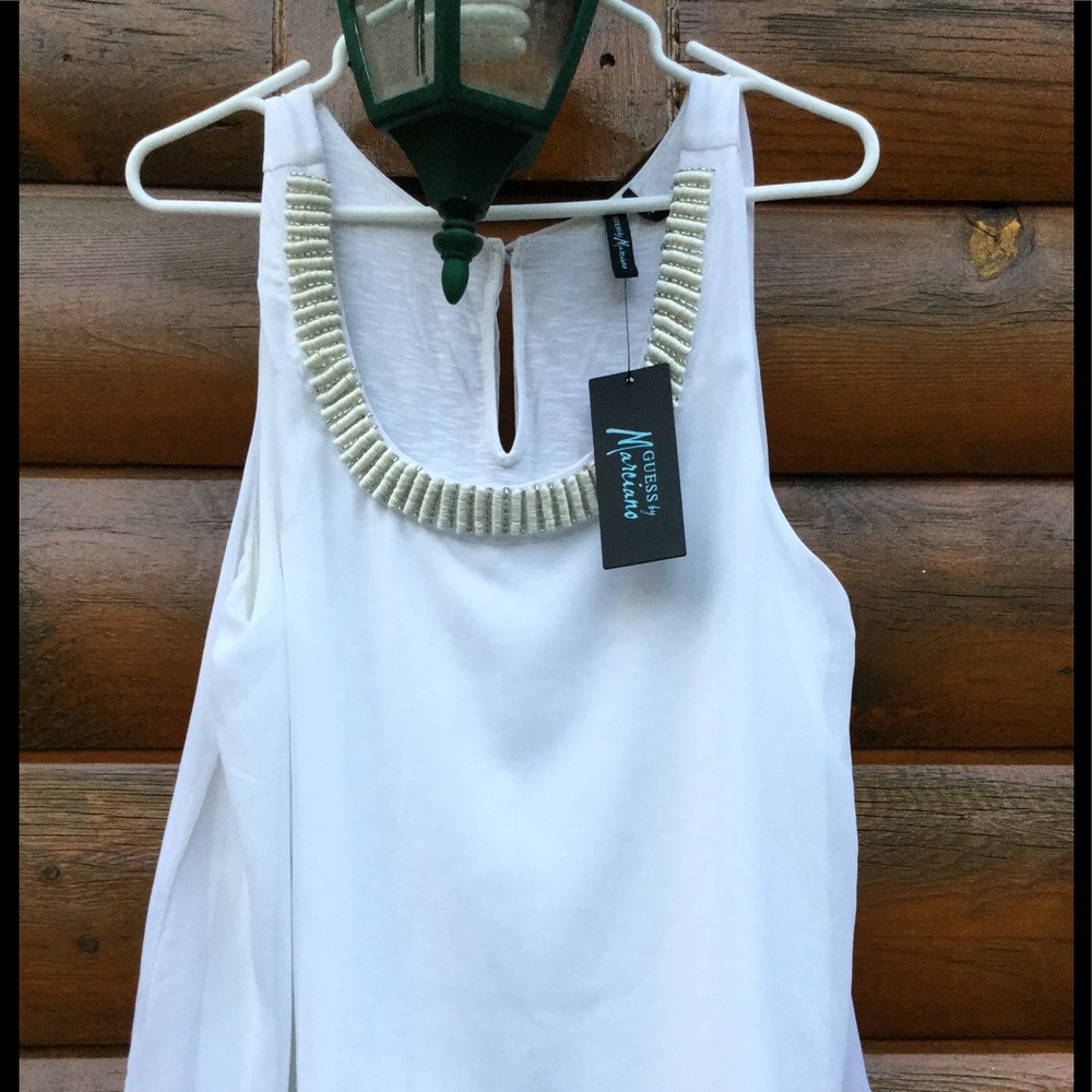 🎀Guess ?? Sheer White Beaded Shell TOP w OVERLAY - Picture 1 of 9