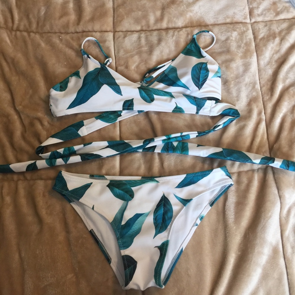 Two piece leaf pattern bathing suit
