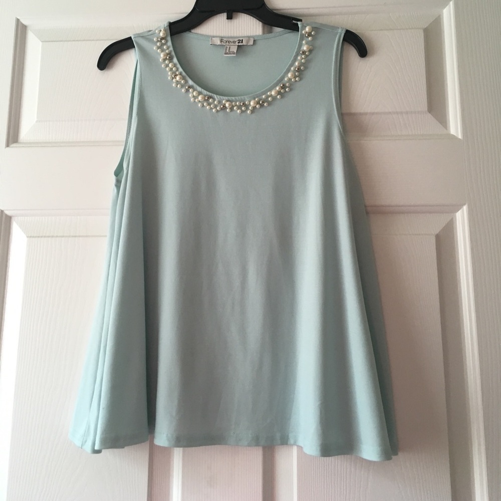 Baby blue tank top with beading around neck