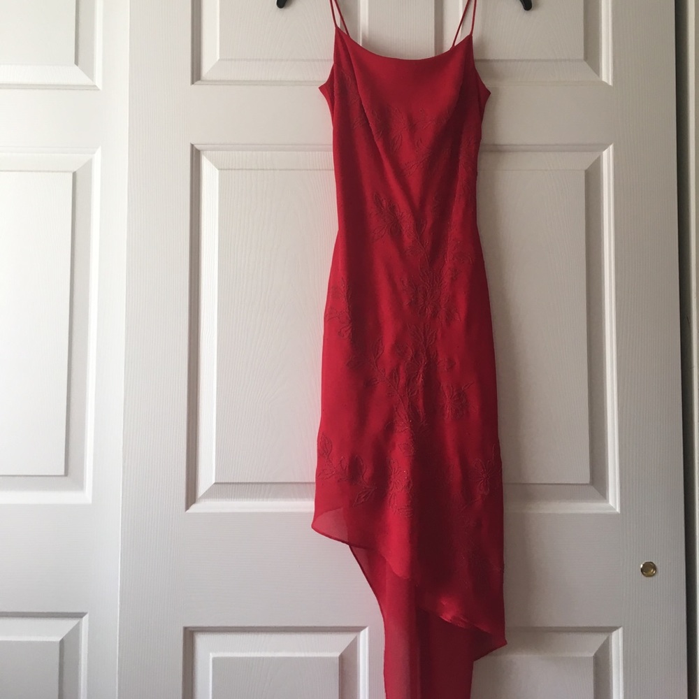 Red chiffon dress with floral detail