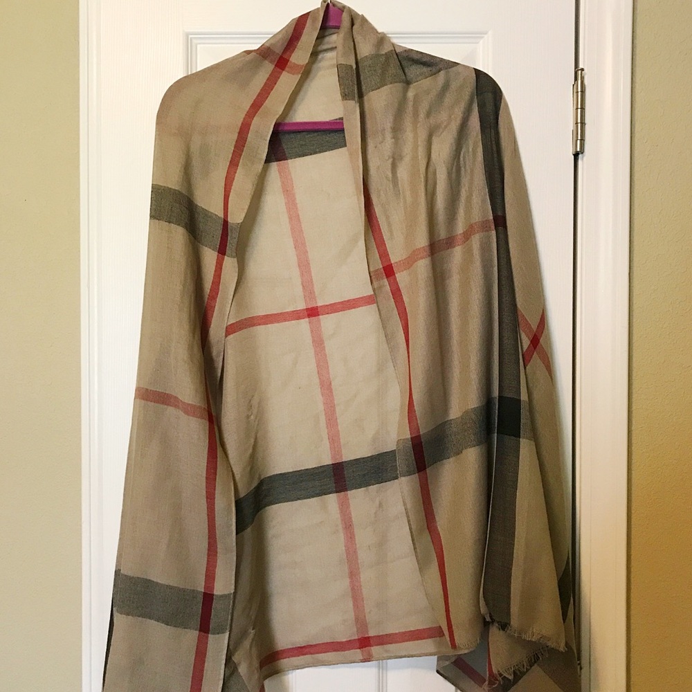 Tan, black and red plaid scarf