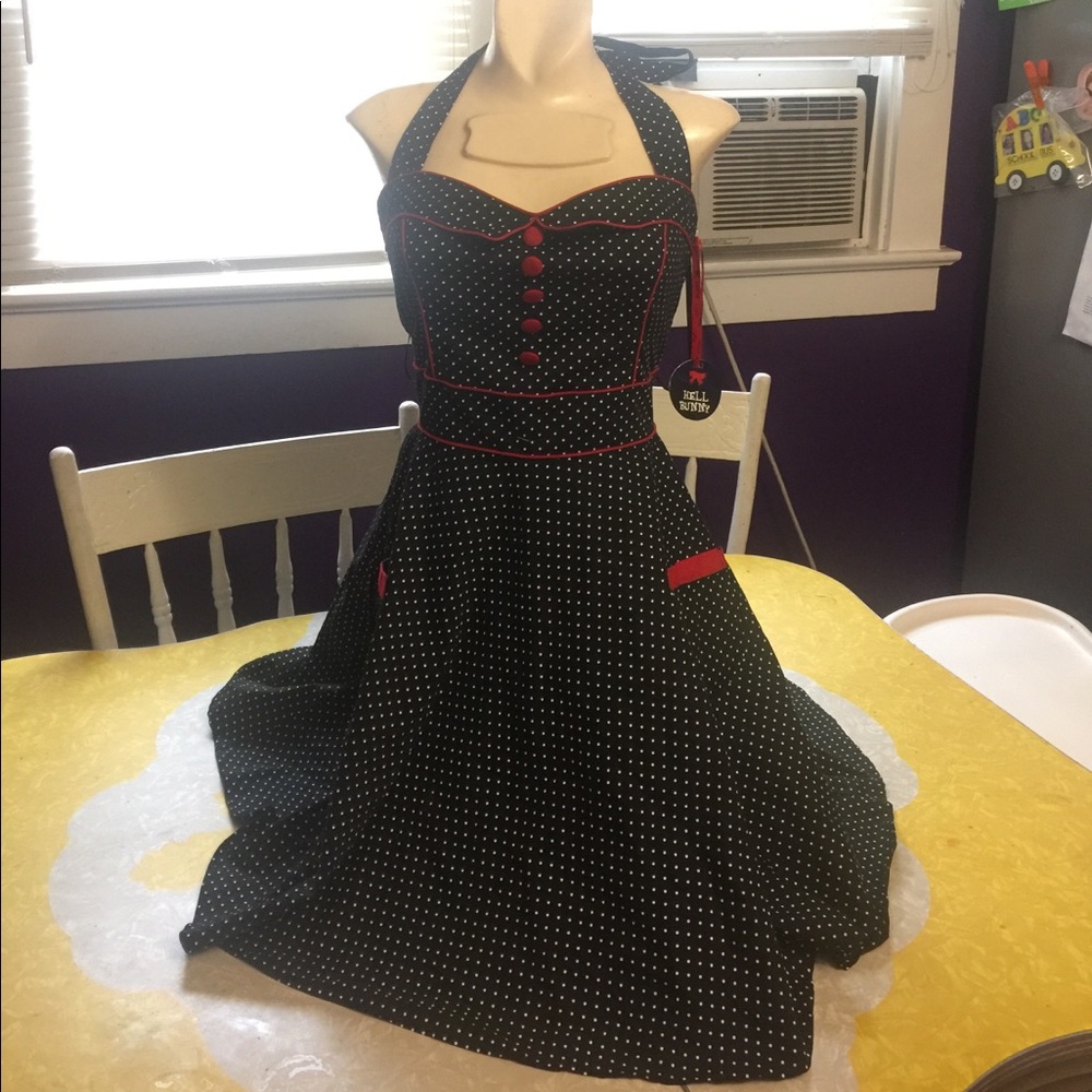 Hell Bunny halter top black white polka dot dress