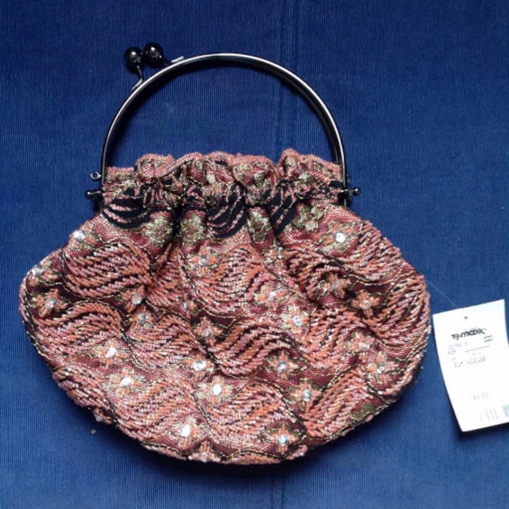 Pink black beaded purse metal handle NWT
