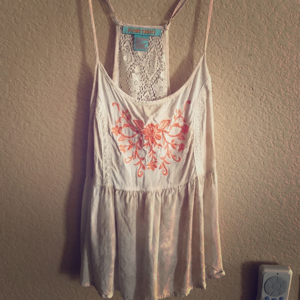 Tan light tank top with orange embroidery