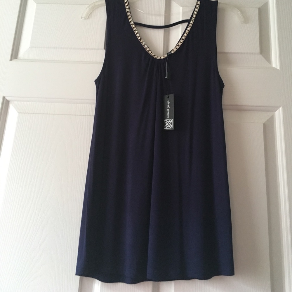 Navy blue formal cotton tank w/ rhinestone detail