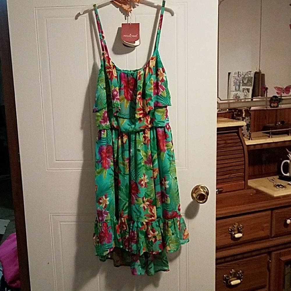Bonfo Sz S turquoise floral hi/low ruffled dress